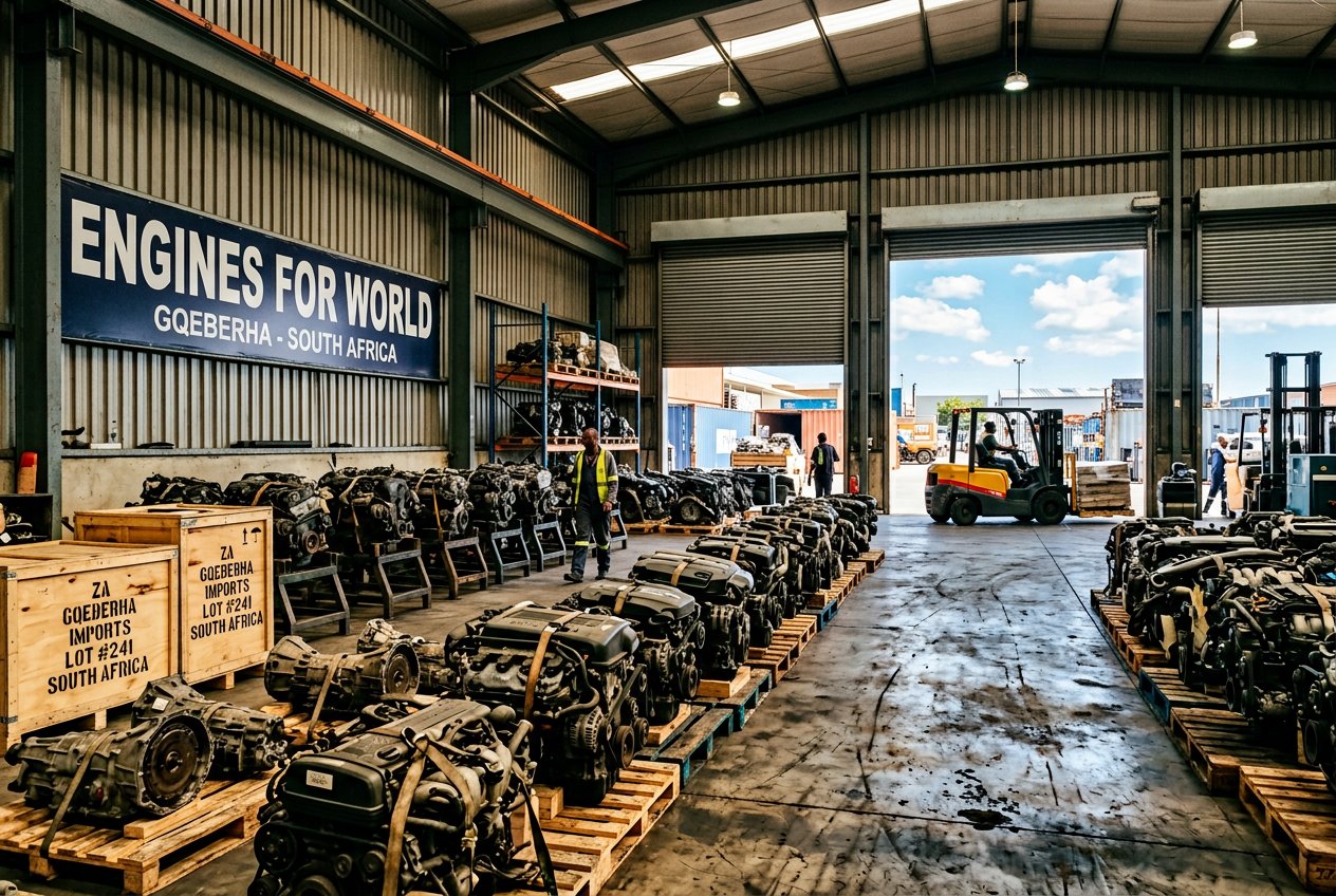 Warehouse floor at Engines for World, Gqeberha, with imported engines on pallets
