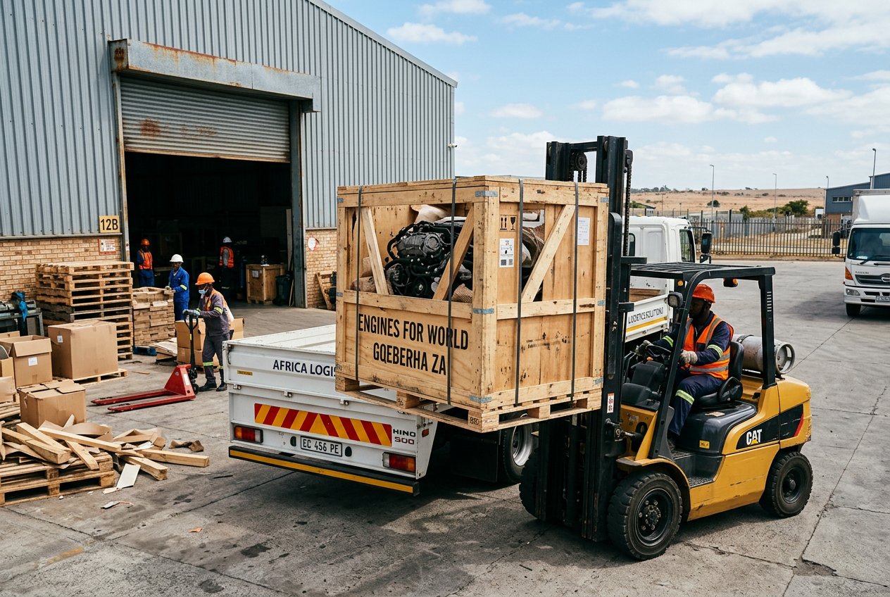 Engine packaged for shipping, labelled Engines for World Gqeberha ZA, being loaded for nationwide delivery