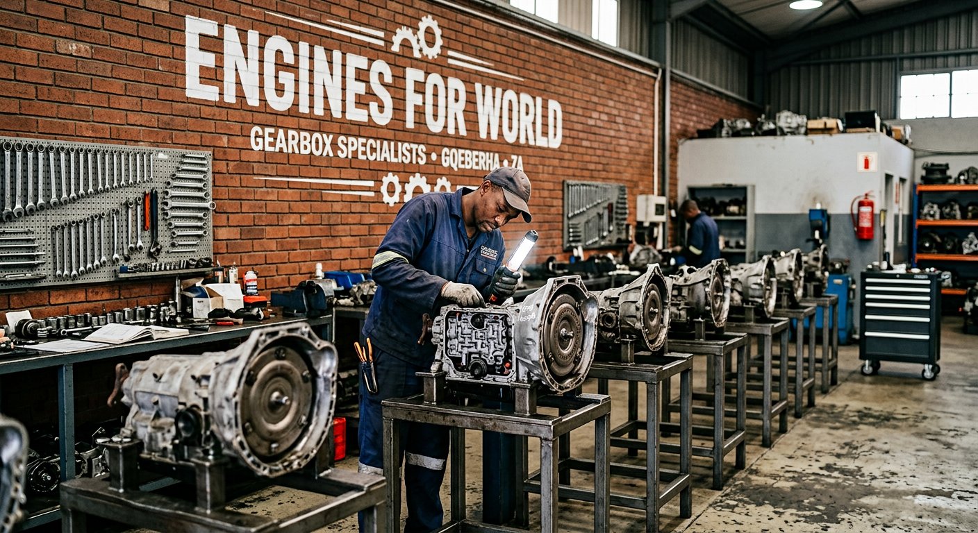 Technician inspecting gearboxes at the Engines for World gearbox workshop in Gqeberha