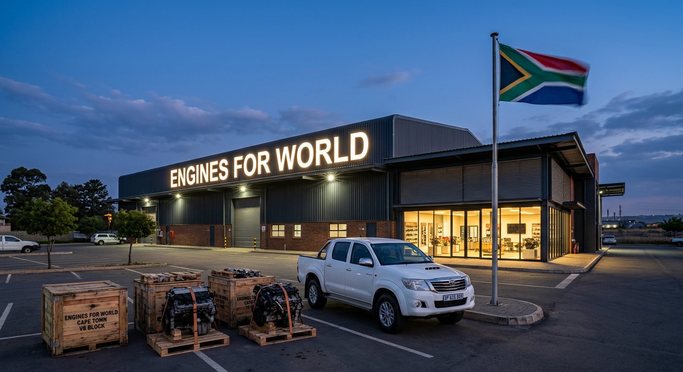 Engines for World showroom illuminated at dusk in Gqeberha, South Africa